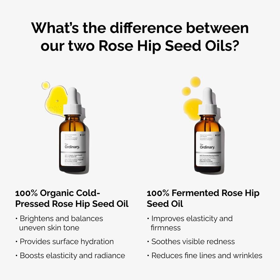 Compare our 100% Fermented Rose Hip Seed Oil and 100% Organic Cold-Pressed Rose Hip Seed Oil
