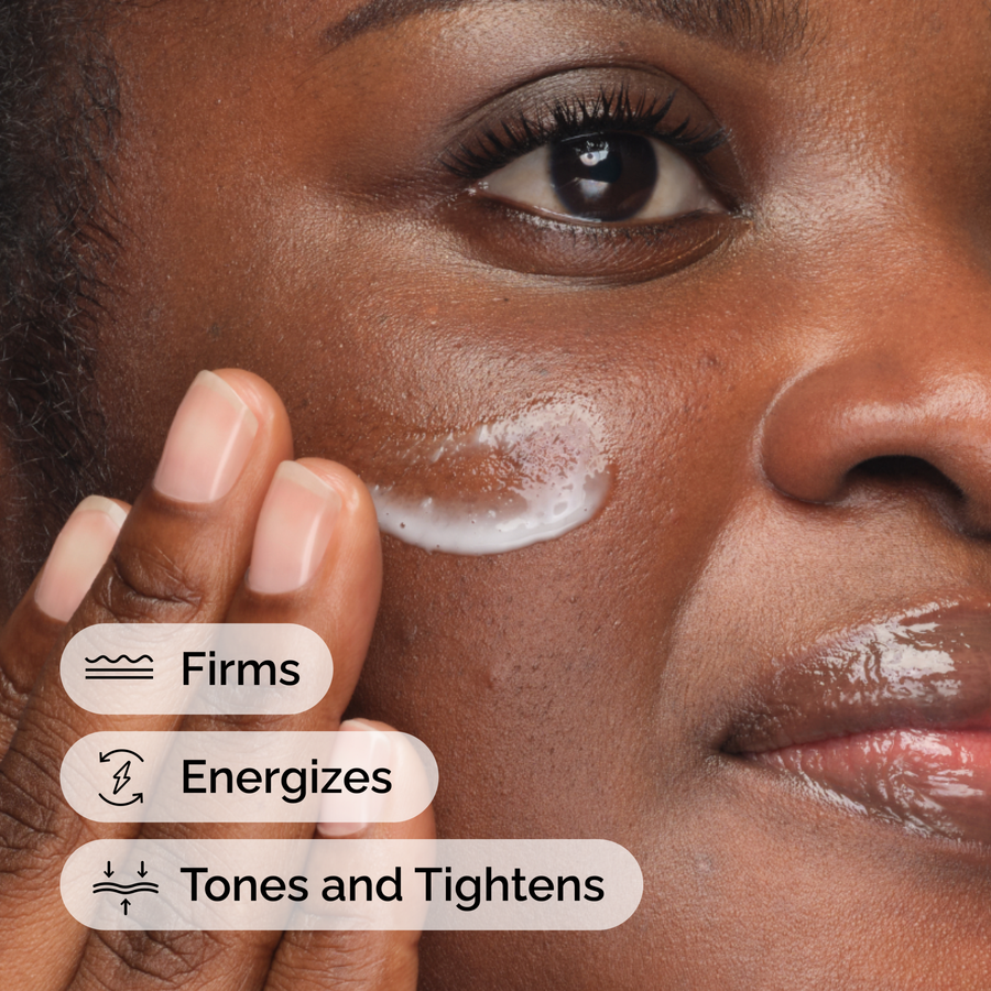 Close-up of a person applying Caffeine 3% + Escin 1% Face Serum. Text overlays highlight the product's primary benefits: Firms, Energizes, and Tones and Tightens the skin.