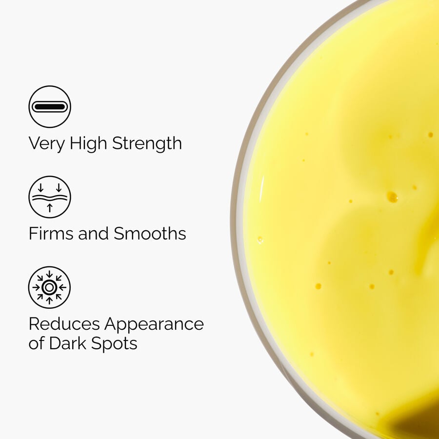 A graphic showing the key benefits of 's Retinal 0.2% Emulsion next to its yellow, creamy texture. The icons show it is Very High Strength, Firms and Smooths, and Reduces Appearance of Dark Spots.