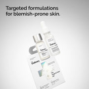An angled studio shot of Target & Treat Set box and blemish treatments against a gradient backdrop. Overhead text reads: Targeted formulations for blemish-prone skin.