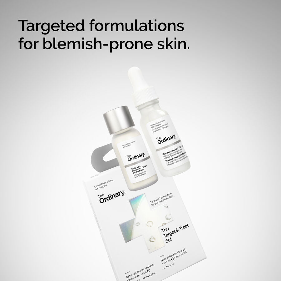 An angled studio shot of Target & Treat Set box and blemish treatments against a gradient backdrop. Overhead text reads: Targeted formulations for blemish-prone skin.