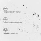 Graphic listing the key benefits of Volufiline 92% + Pal-Isoleucine 1% over a serum texture background. The benefits are: Targets loss of volume, Visibly plumps fine lines, and Supports elasticity.